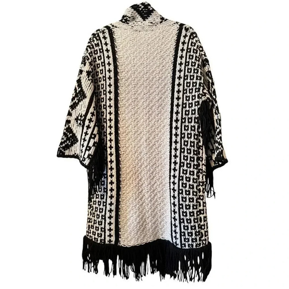 Boho Fringe Kimono Duster Cardigan Aztec Print Black White Knit Sweater - Picture 3 of 11